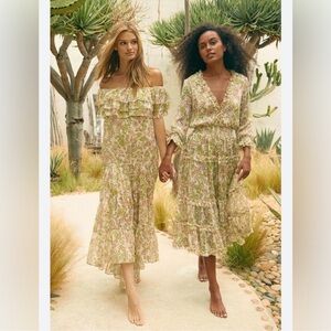 MISA Los Angeles Nora Tiered V-Neck Ruffle Midi Dress Green Size M